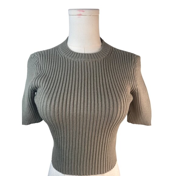 2/$30 ZARA Sage Green Small Ribbed Knit Short Sleeve Sweater Top Fitted Stretch - Picture 1 of 12
